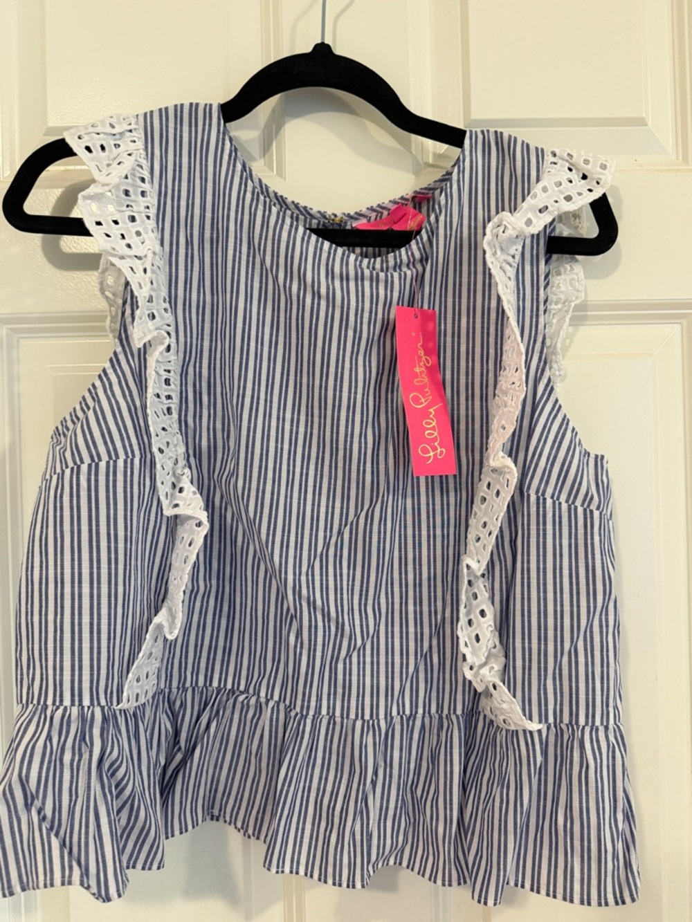 Lilly Pulitzer Womens Ellis Tank -Navy & White Striped Eyelet Ruffle Tank